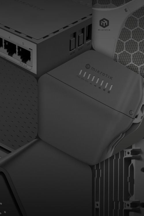 MikroTik networking equipment including routers, switches, and wireless gear