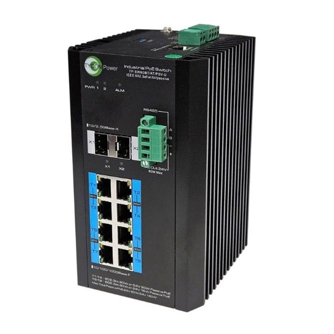 Tycon Systems 10 Port 8x 802.3at/bt PoE Managed GigE Industrial PoE Network Switch [TP-SW8GBT/AT/PSV-U]