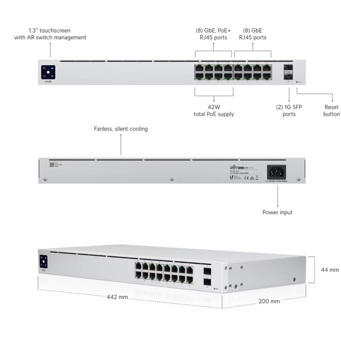 Ubiquiti UniFi Standard 16 PoE Switch, 42W [USW-16-POE]