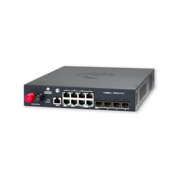 Cambium cnMatrix TX1012-P-DC, DC Powered Intelligent Ethernet PoE Switch, 8 x 1Gbps, and 4 SFP+ - No Power Cord, US Only